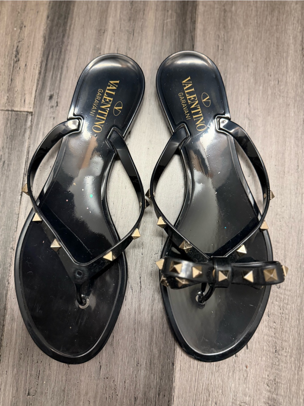 Valentino Black Rockstud PVC Thong Sandals